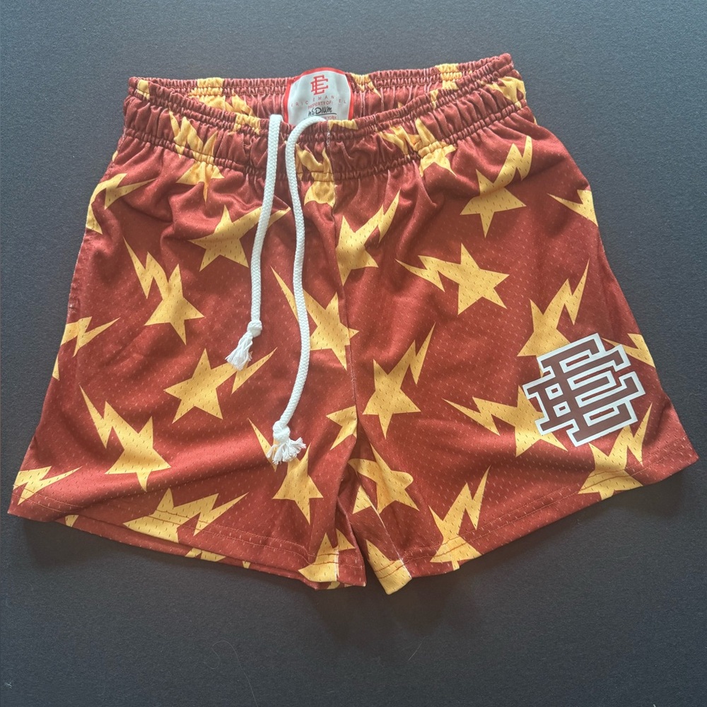 Eric Emanuel Red Shorts with Yellow Star Lightning Print